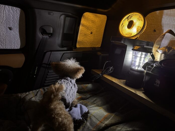 夜の車内で扇風機を上部に設置し、ライトを点けた様子。とっちゃんがくつろいでいる